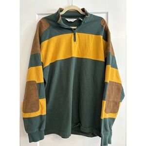 Vintage 90s Orvis Men's Large Green/Yellow 1/4 Zip‎ Rugby Pullover Suede Patches